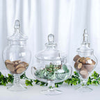 Set of 3 Glass Candy Jars Pedestal Apothecary Design Clear with Snap-On Lids - Stylish Party Favor Containers 10"/12"/14"