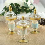 Set of 3 Glass Jars Apothecary Design Clear with Gold Trim and Snap-On Lids - Stylish Decorative Candy Buffet Storage 8.5", 9", 10"