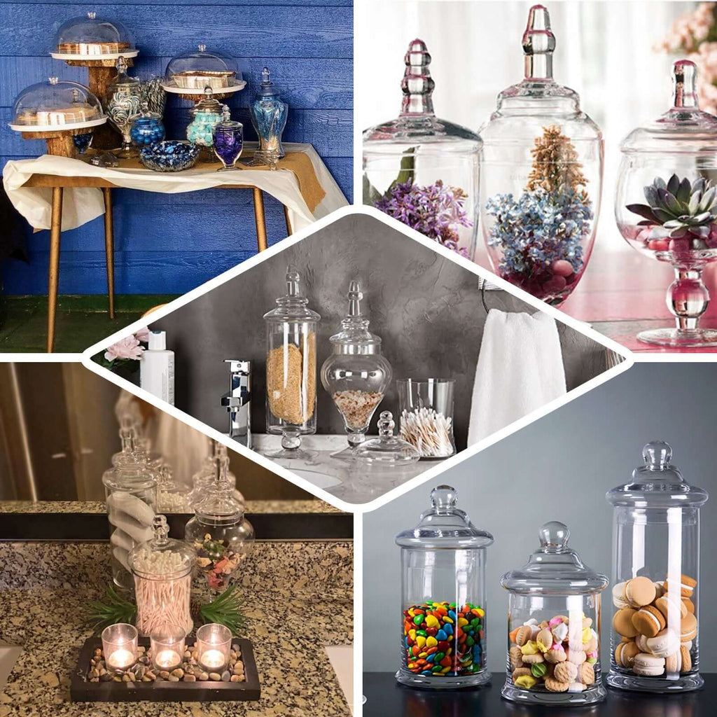 Set of 3 Glass Candy Jars Pedestal Apothecary Design Clear with Snap-On Lids - Stylish Party Favor Containers 10"/12"/14"