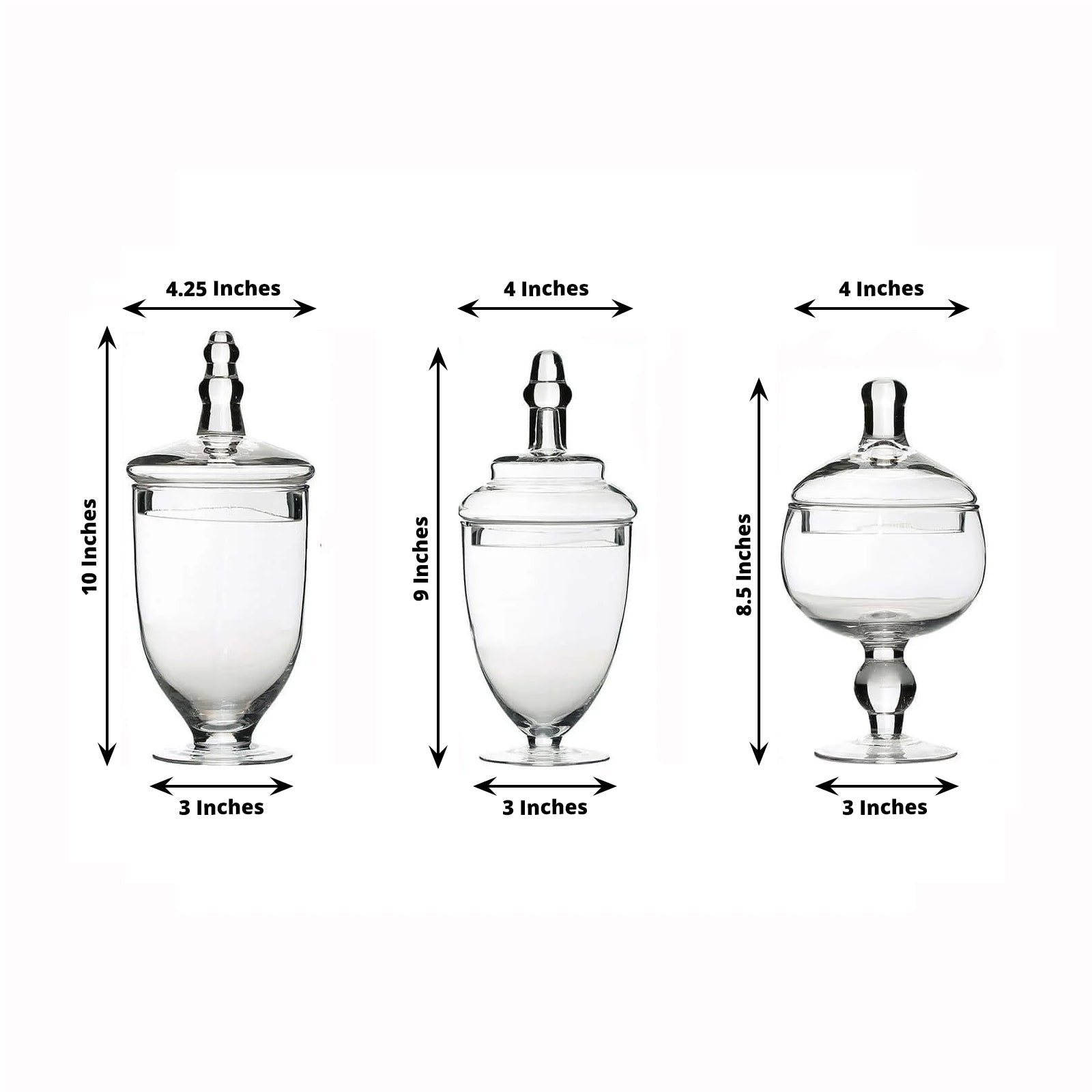 Set of 3 Glass Jars Apothecary Design Clear and Snap-On Lids - Stylish Decorative Candy Buffet Storage 8.5", 9", 10"