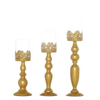 Set of 3 Lace Hurricane Candle Holders Antique Gold with Glass Shades - Chic Pillar Candle Stands 12", 14", 17"