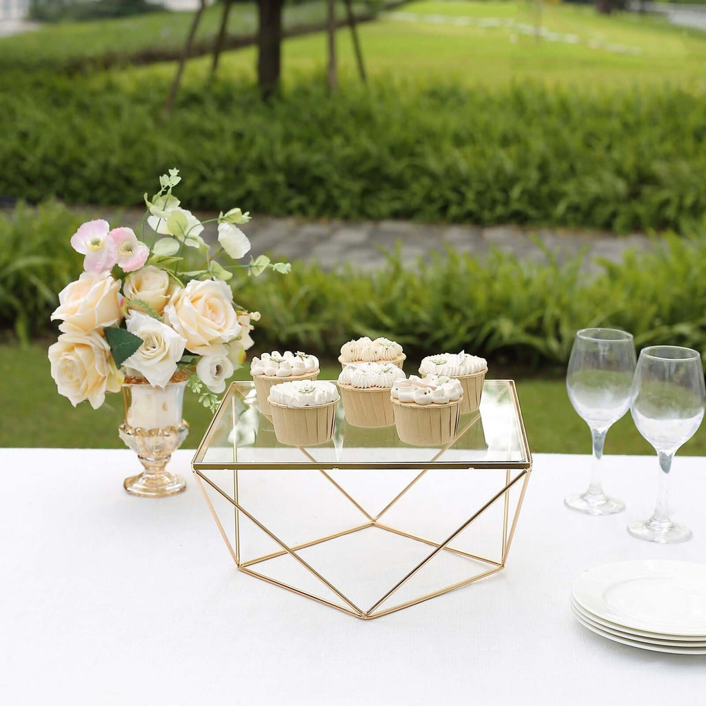 Metal Cake Stand Geometric Pedestal Riser Design Gold with Square Glass Top - Display Centerpiece 12"