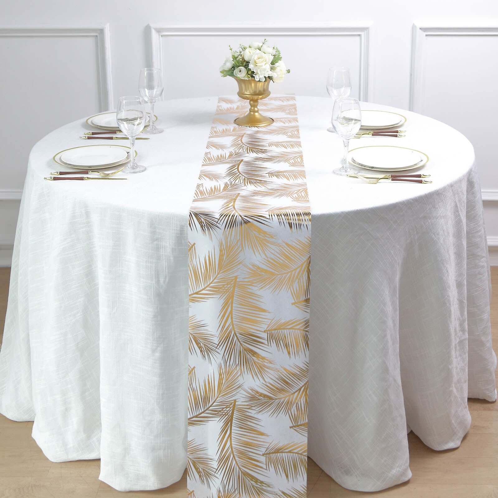 Disposable Table Runner Roll 108" Metallic Gold Foil Palm Leaves Print - Chic Non-Woven Tropical Table Decor for Events