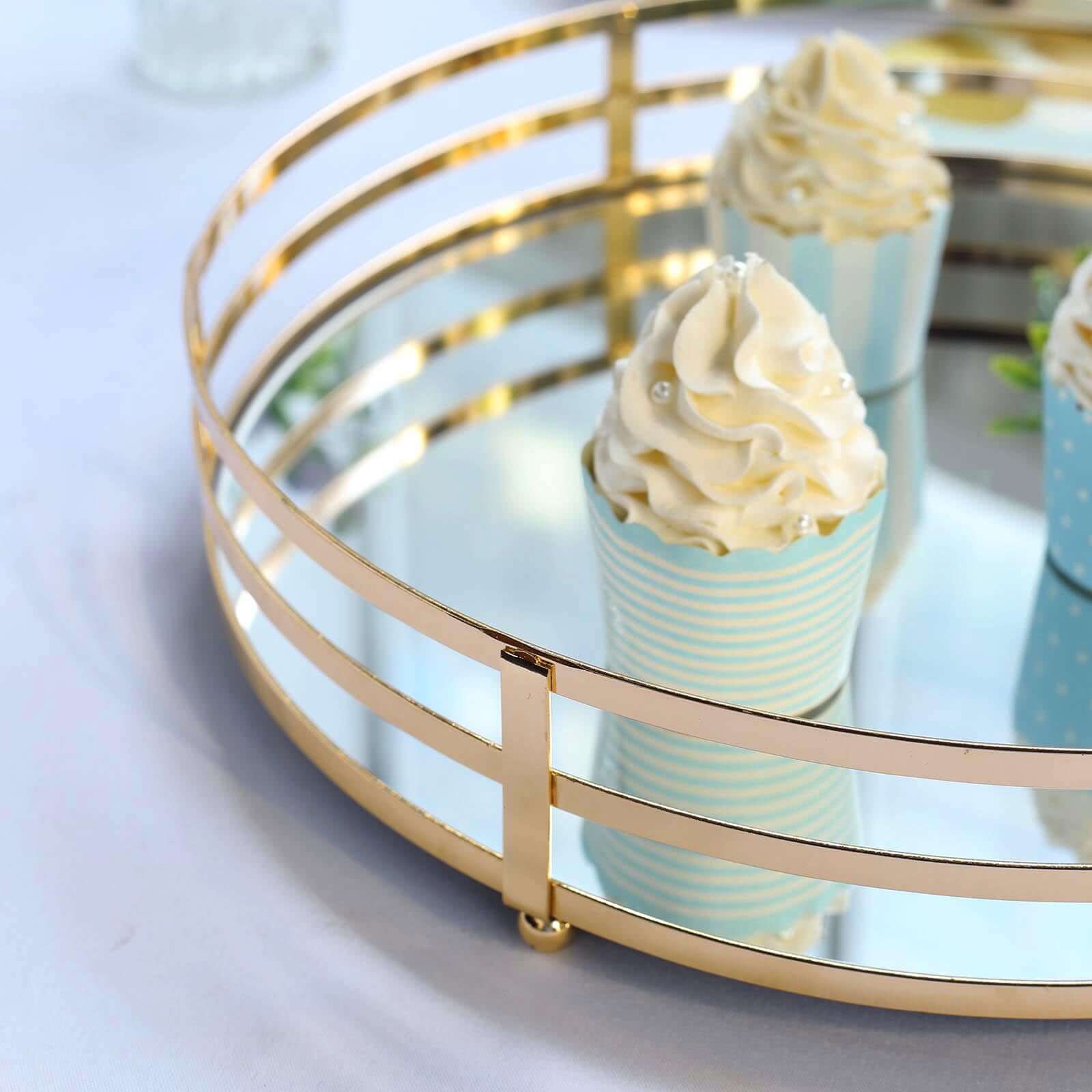 Set of 2 Metal Serving Trays 13", 9" Round Gold with Mirrored Top, Classy Decorative Vanity Tray Centerpiece