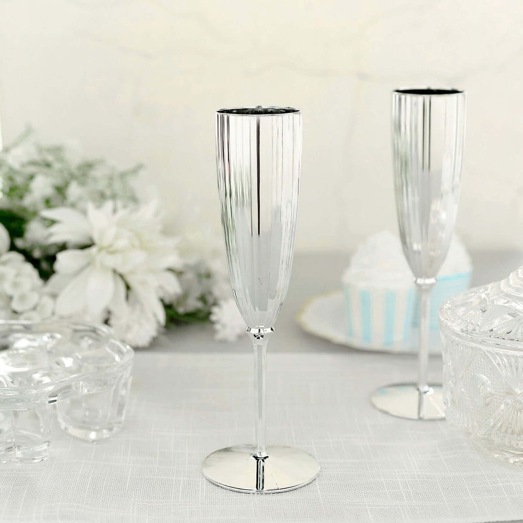 6-Pack Plastic Champagne Flutes in Silver - Classy Disposable Champagne Glasses for Toasting & Cocktail Parties 5oz