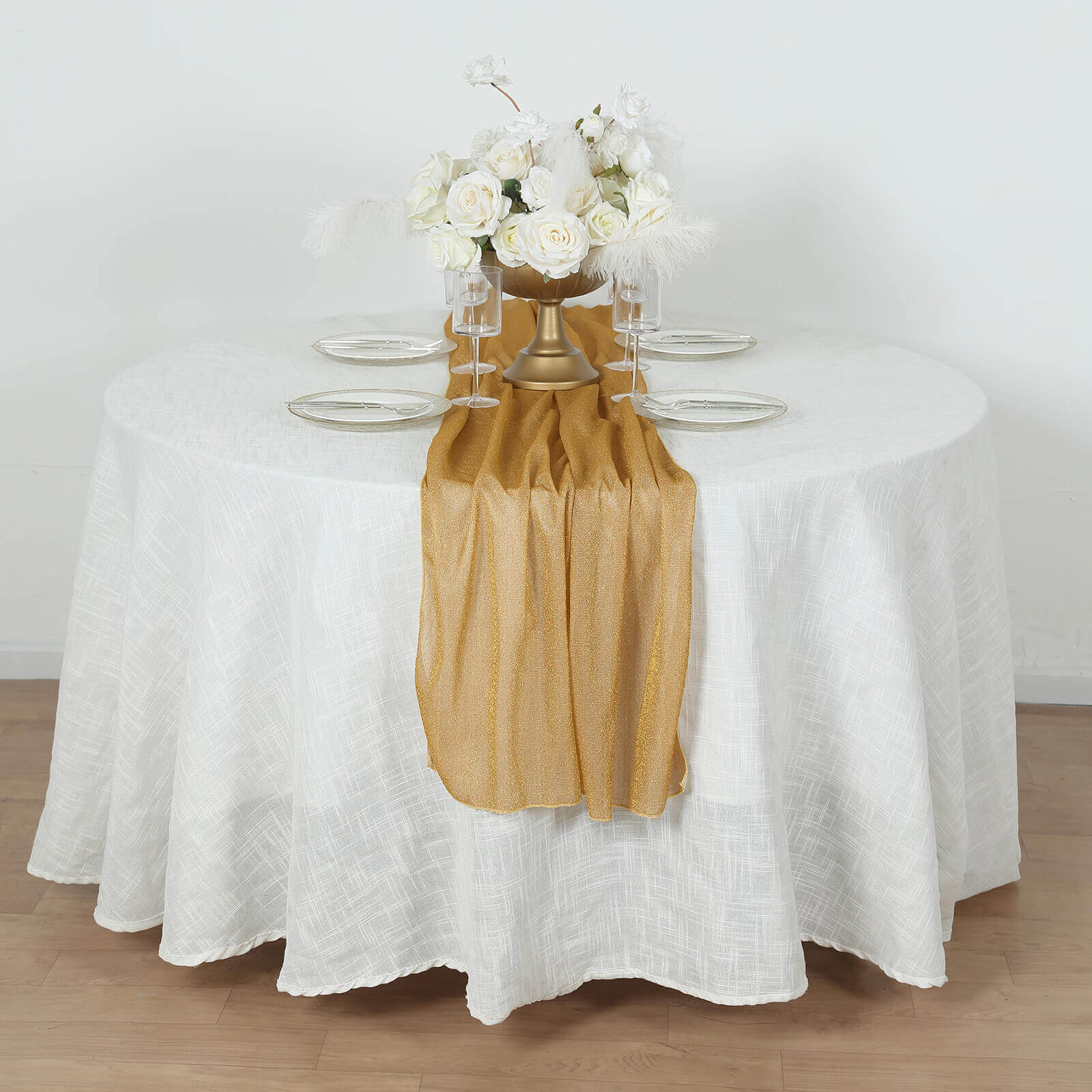 Glitter Gauze 27"x120" Table Runner Gold - Sparkling Reusable Wrinkle - Free Sheer Table Linen for Events - Bell Racket Store
