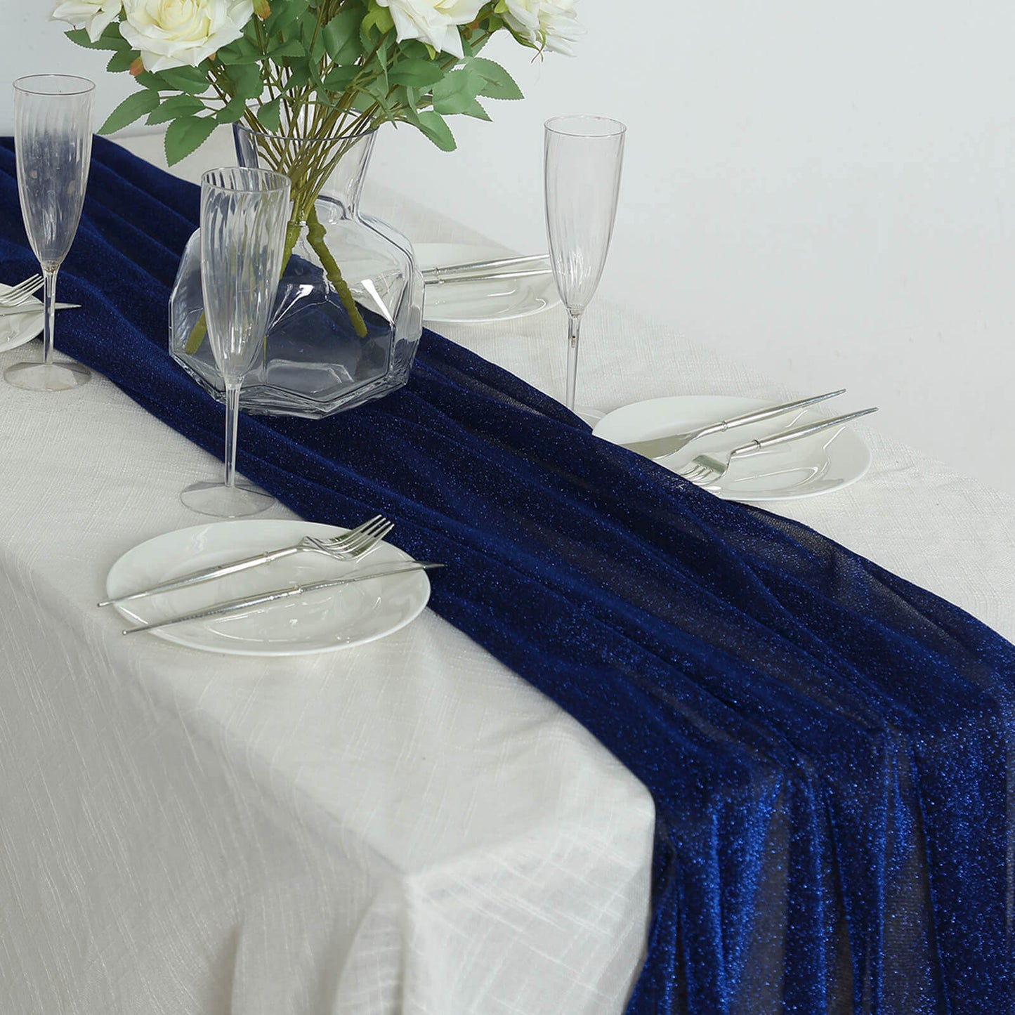 Glitter Gauze 27"x120" Table Runner Royal Blue - Sparkling Reusable Sheer Table Linen - Bell Racket Store
