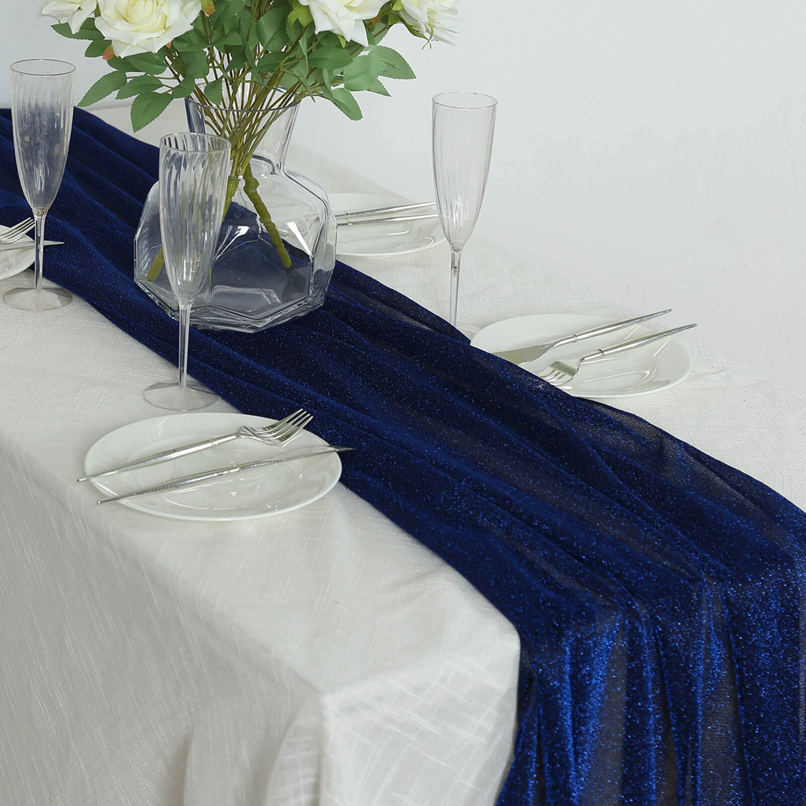 Glitter Gauze 27"x120" Table Runner Royal Blue - Sparkling Reusable Sheer Table Linen - Bell Racket Store