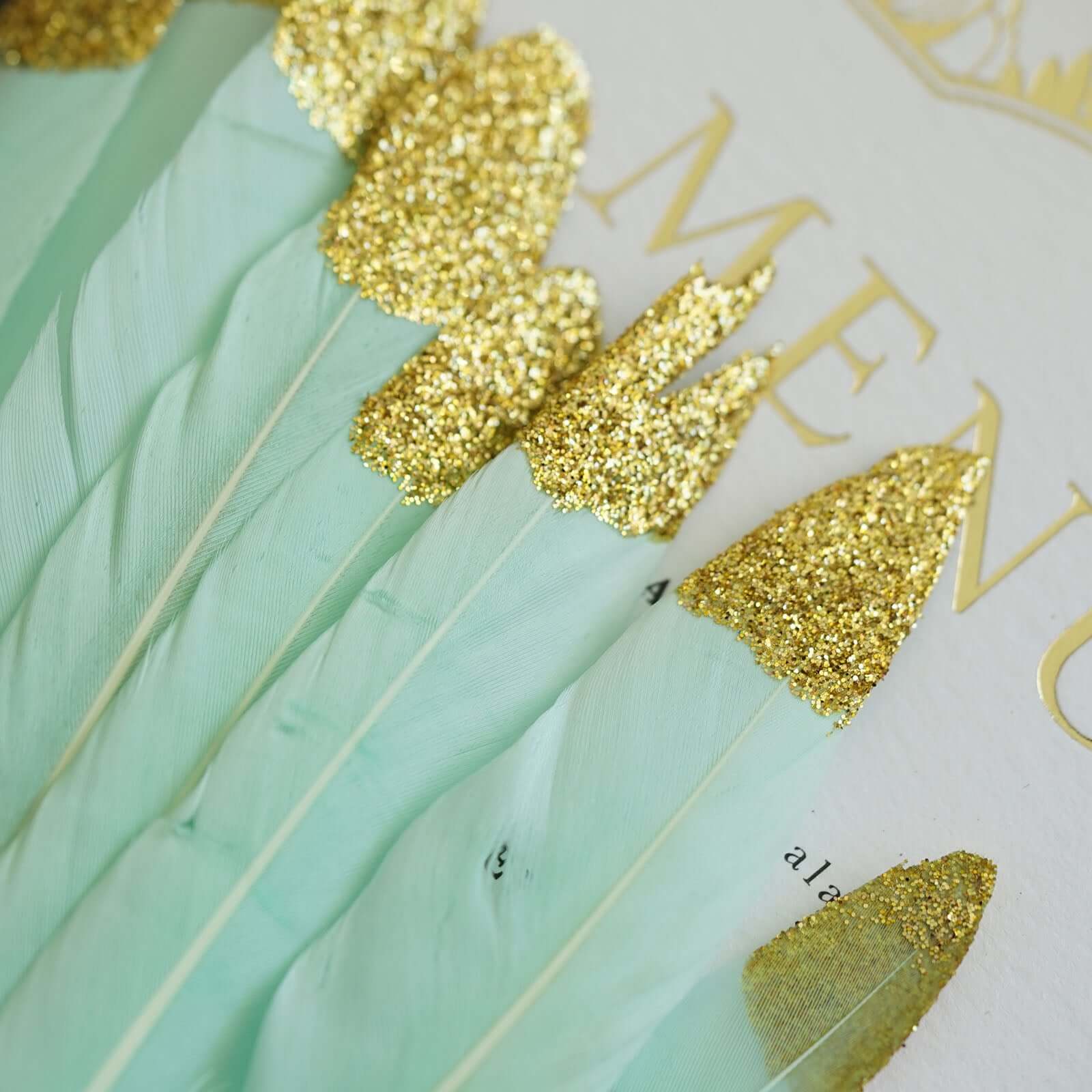 30-Pack Turkey Feathers Craft Feathers Glitter Gold Tip Mint - Decorative Feathers for DIY Party Projects