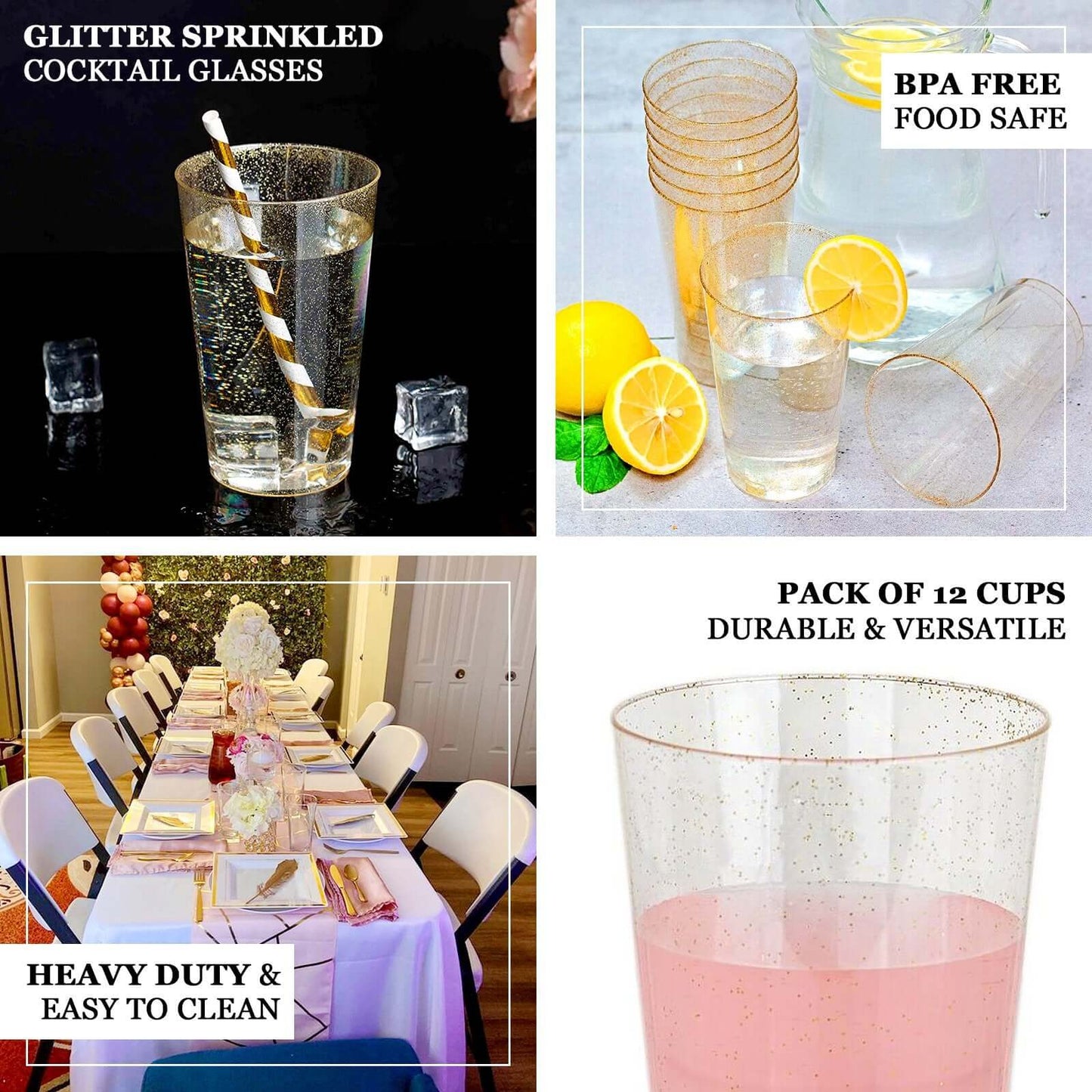 12-Pack Plastic Party Cups Clear Gold Glitter - Durable Disposable Tumblers for Drinks 17oz 6"