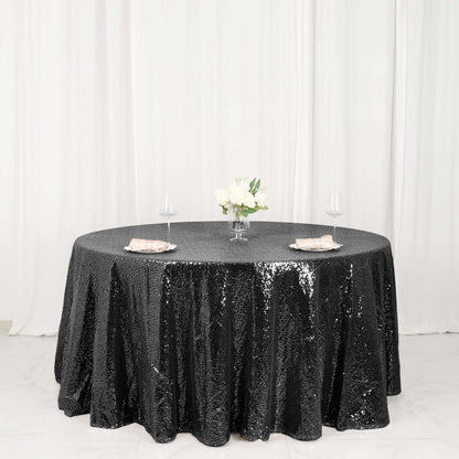 Sequin 120" Round Tablecloth Black - Seamless Glittering Table Cover
