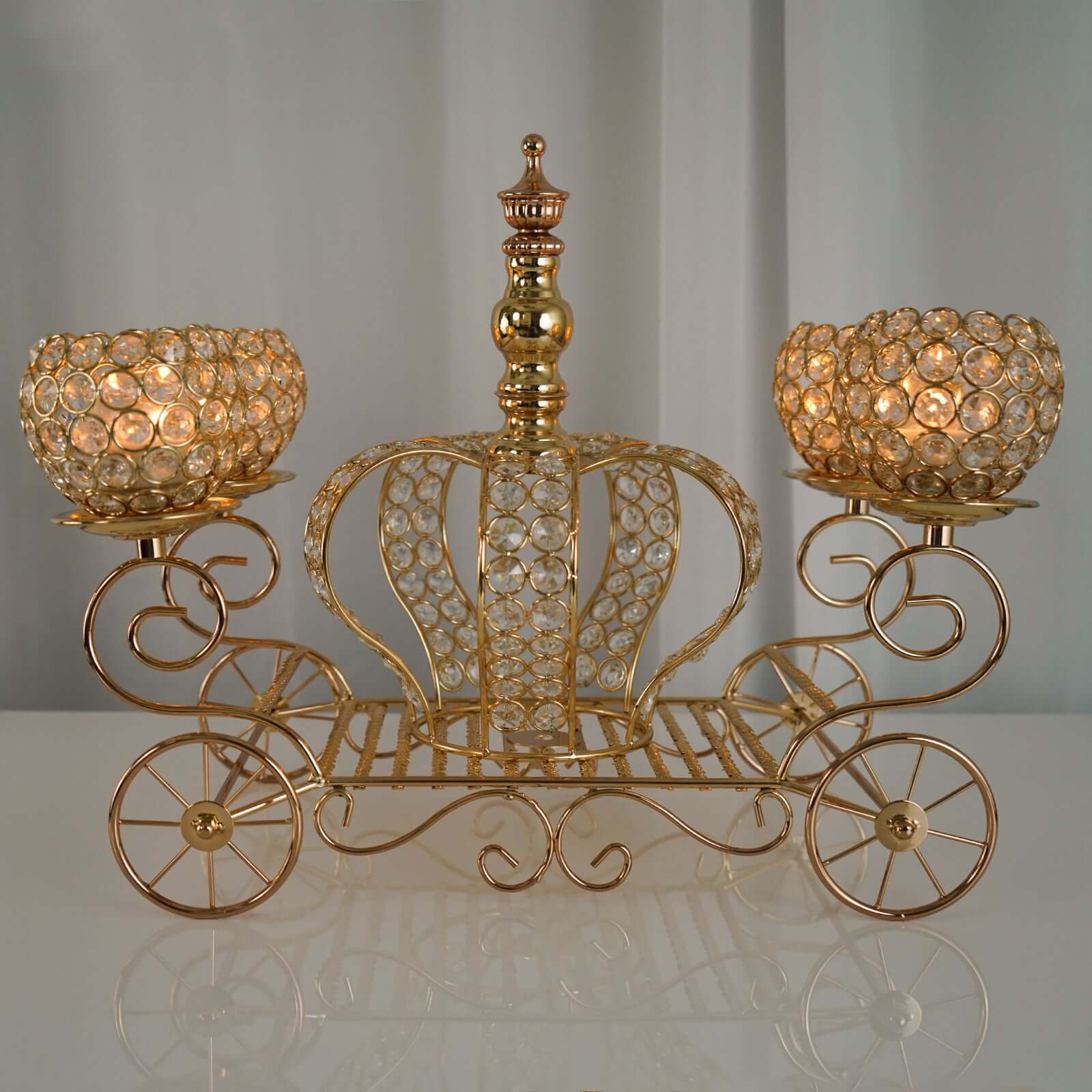 Candle Holder 4-Arm Gold Metal Crystal Cinderella Carriage Wedding Centerpiece - Decorative Display 18"