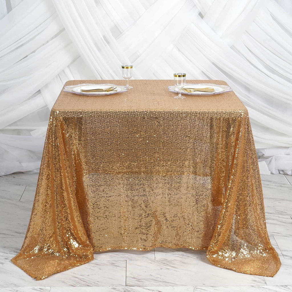 Sequin 90"x90" Table Overlay Square Tablecloth Gold - Sparkly Design for Stylish Celebrations