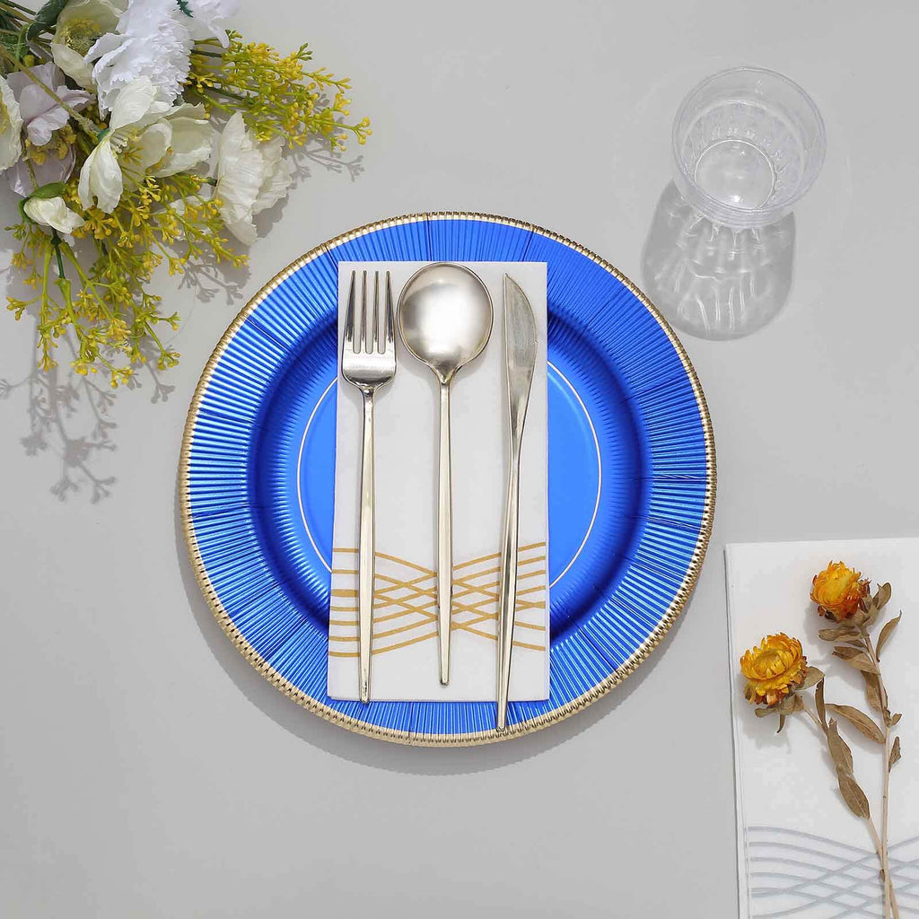 25-Pack Paper 10" Round Dinner Plates in Royal Blue Sunray Design with Gold Rim - Disposable Heavy Duty 350GSM Party Plates