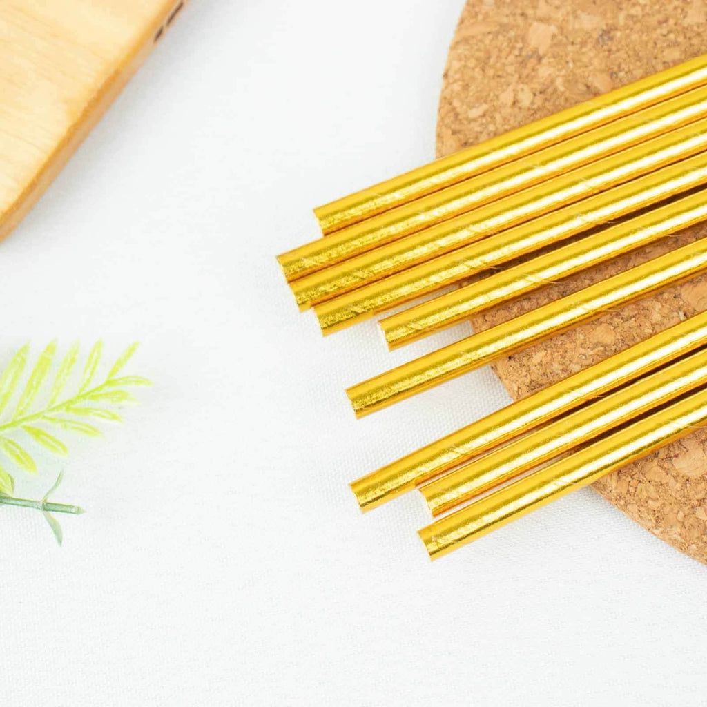50-Pack Paper Drinking Straws Metallic Gold Foil Food Grade - Disposable Biodegradable Straws for Events 8"