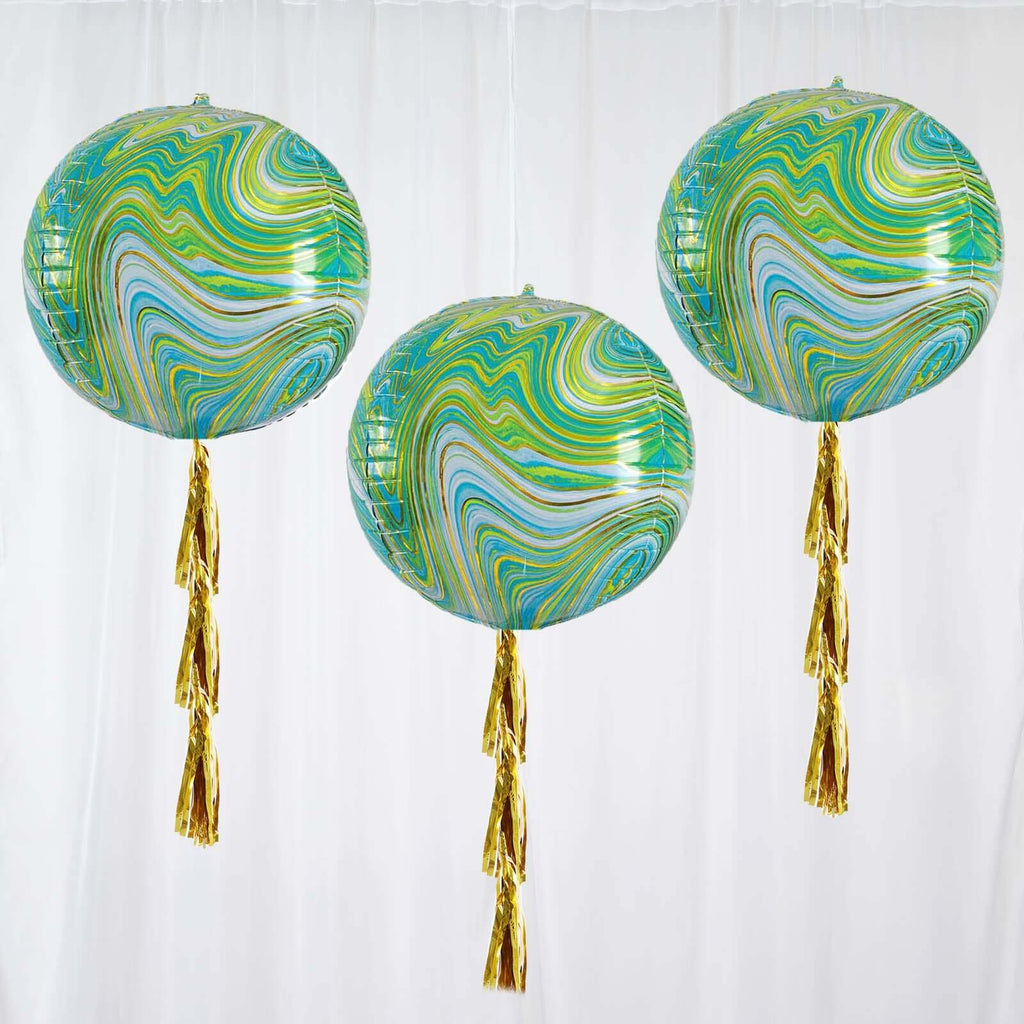 3 Pack 13" Green Gold Marble Orbz Foil Balloons, 4D Sphere Mylar Balloons