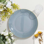 10-Pack Plastic 10" Round Dinner Plates in Dusty Blue with Gold Rim - Glossy Disposable Party Plates