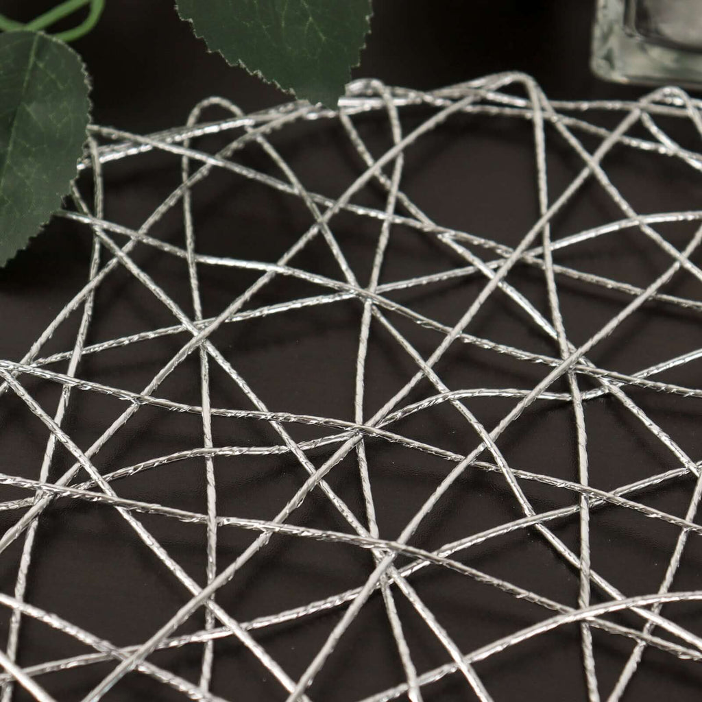 6-Pack Table Placemats Woven Fiber Design Silver Round - Disposable Mats for Dining and Events 15"