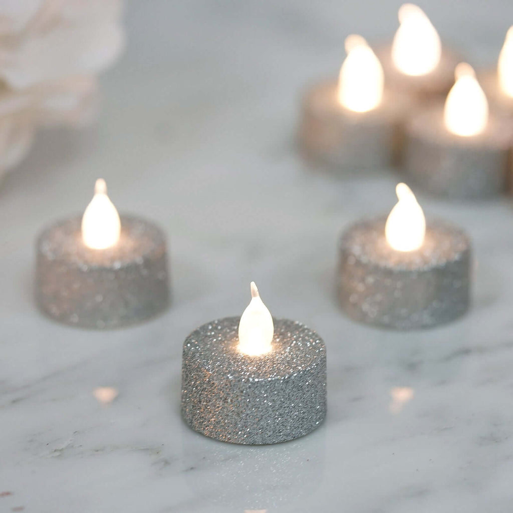 12-Pack LED Tealight Candles Glitter Silver Design - Flameless Battery Operated Tea Lights