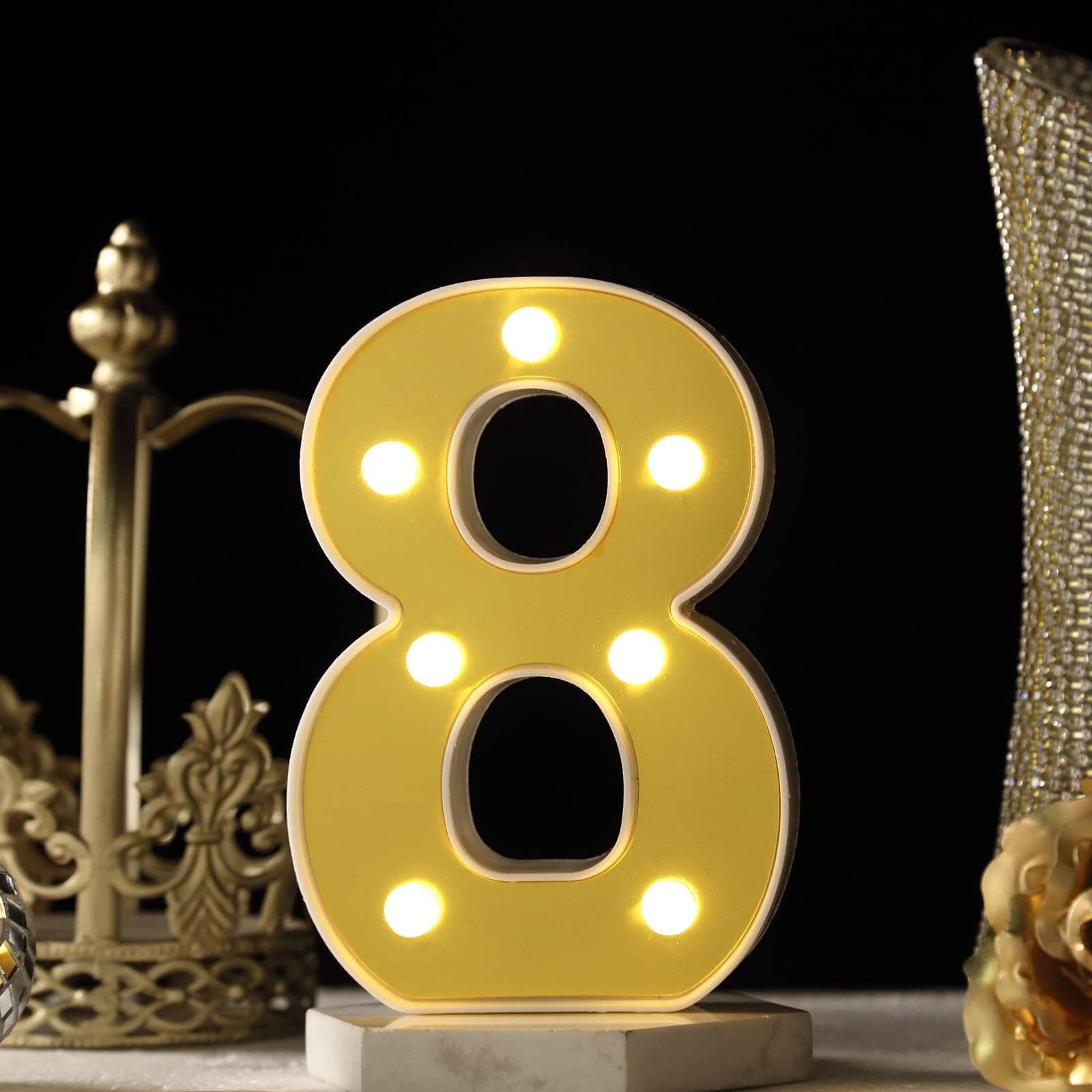 3D Marquee Number "8" Warm White 7 LED Lights Gold - Stylish Light-Up Accent for Events 6"