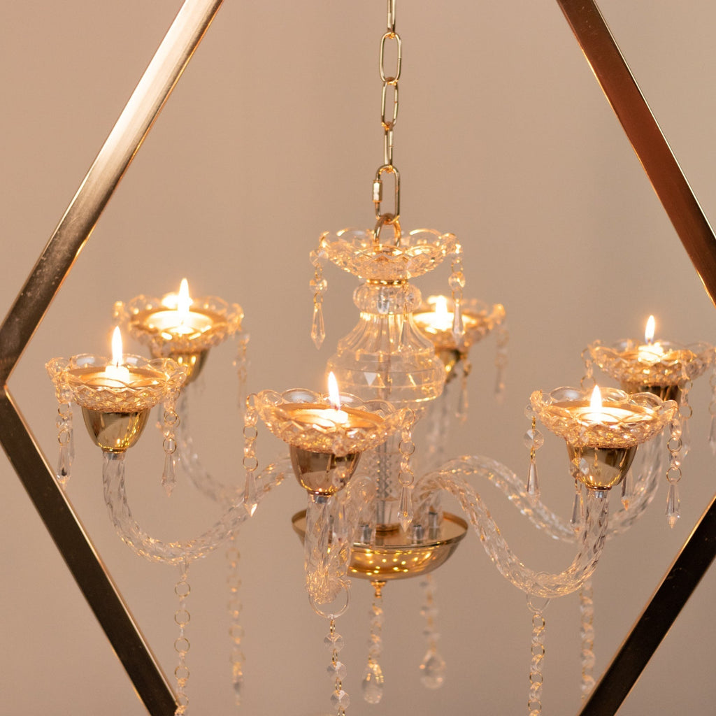 Gold 6 - Arm Acrylic Candelabra Centerpiece â€“ 45" Tall Diamond Frame Table DÃ©cor with Candle Holders - Bell Racket Store
