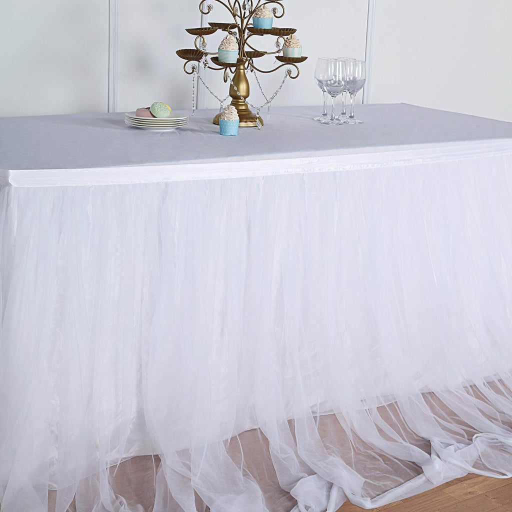 Extra Long Tulle 21ft Table Skirt White with Satin Edge - Table Cover for Baby Showers & Events