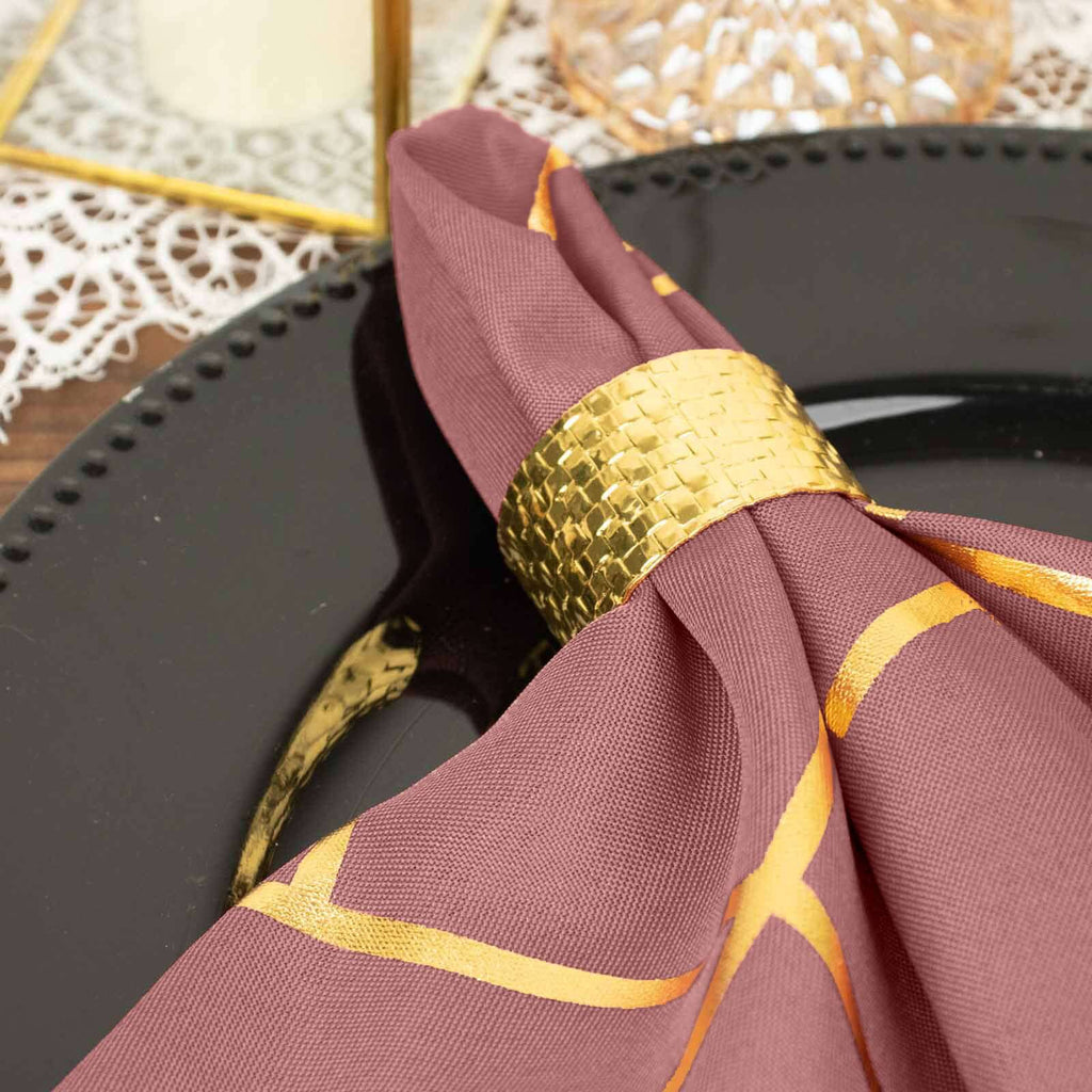 5 Pack Polyester 20"x20" Napkins Cinnamon Rose with Gold Geometric Foil Pattern - Modern Reusable Dinner Napkins