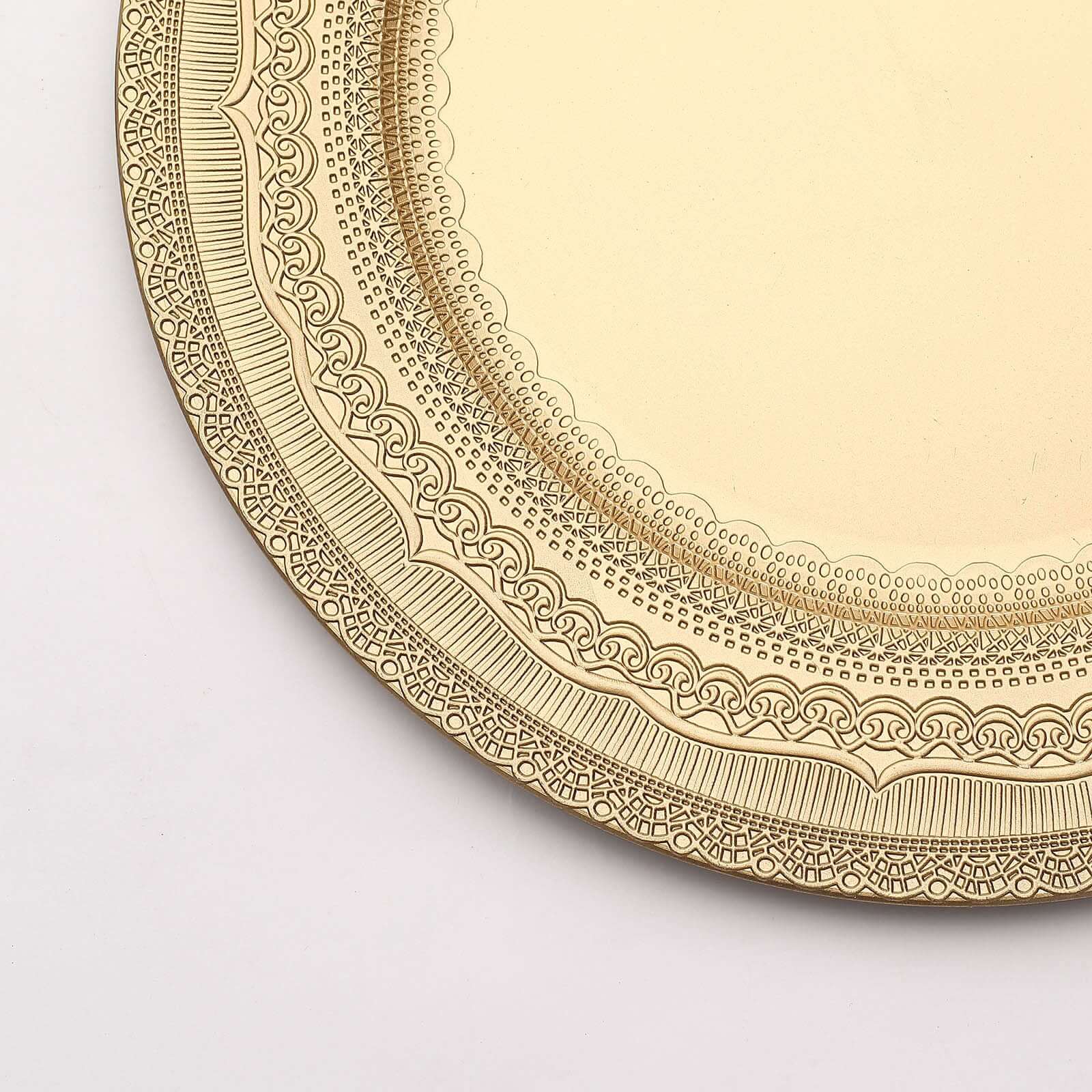 6-Pack Acrylic Round Charger Plates 13" in Gold with Lace Embossed Rim, Rustic Plastic Decorative Charger Tableware