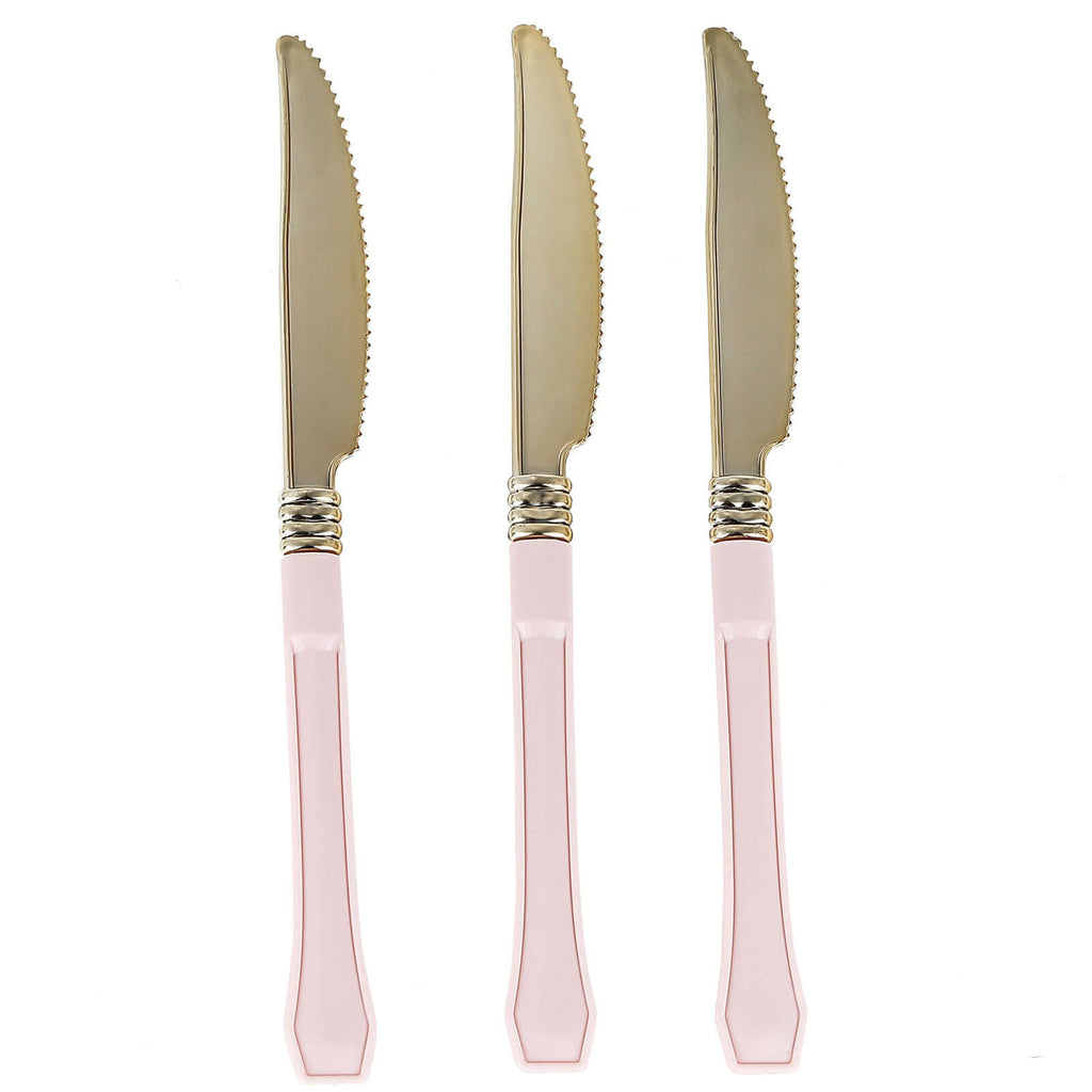 24 Pack Gold 7.5" Heavy Duty Plastic Knives with Blush Handle, Disposable Silverware