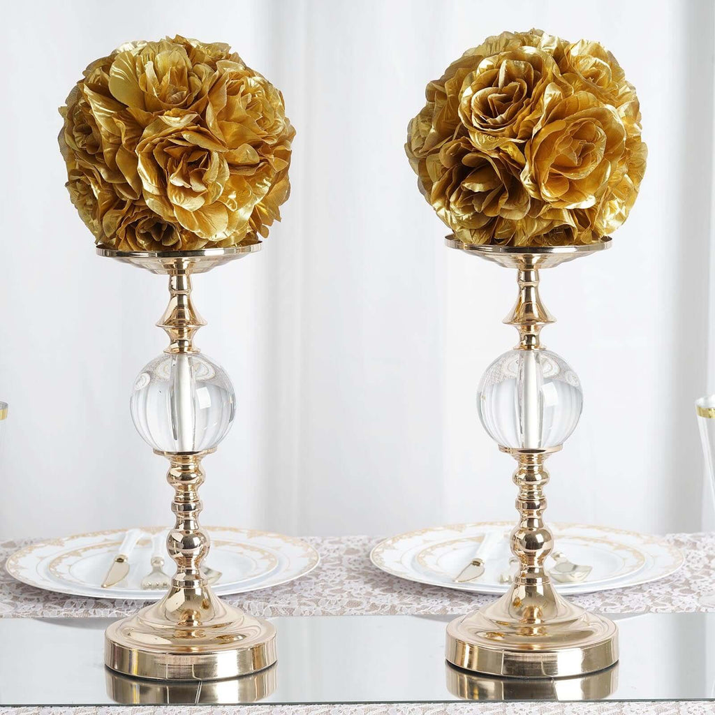 2 Pack 7" Gold Artificial Silk Rose Kissing Ball, Faux Flower Ball