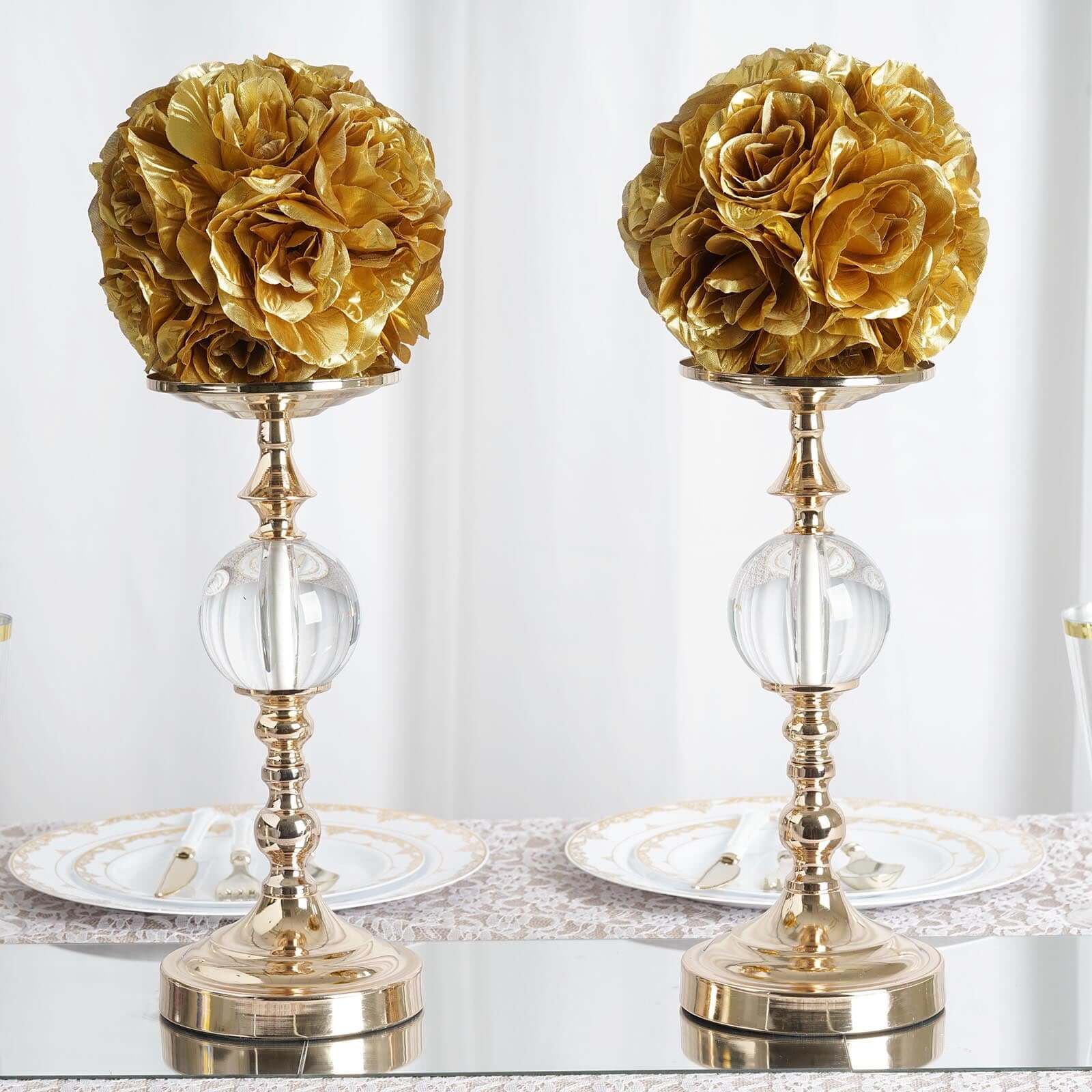 2 Pack 7" Gold Artificial Silk Rose Kissing Ball, Faux Flower Ball