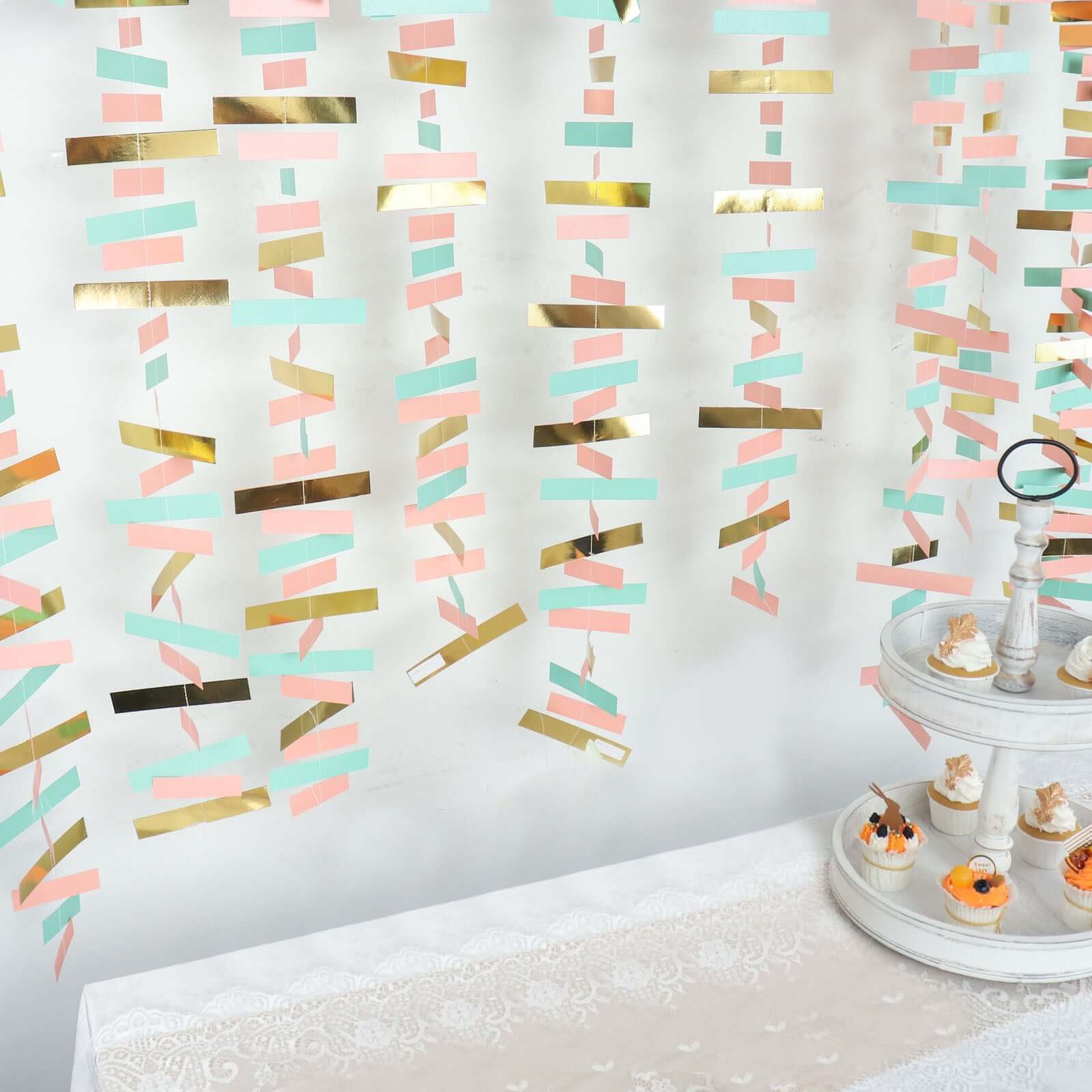 Gold, Blush and Turquoise Confetti - Like Paper Party Garland Streamer, Hanging Backdrop Decoration - 6.5ft - Bell Racket Store