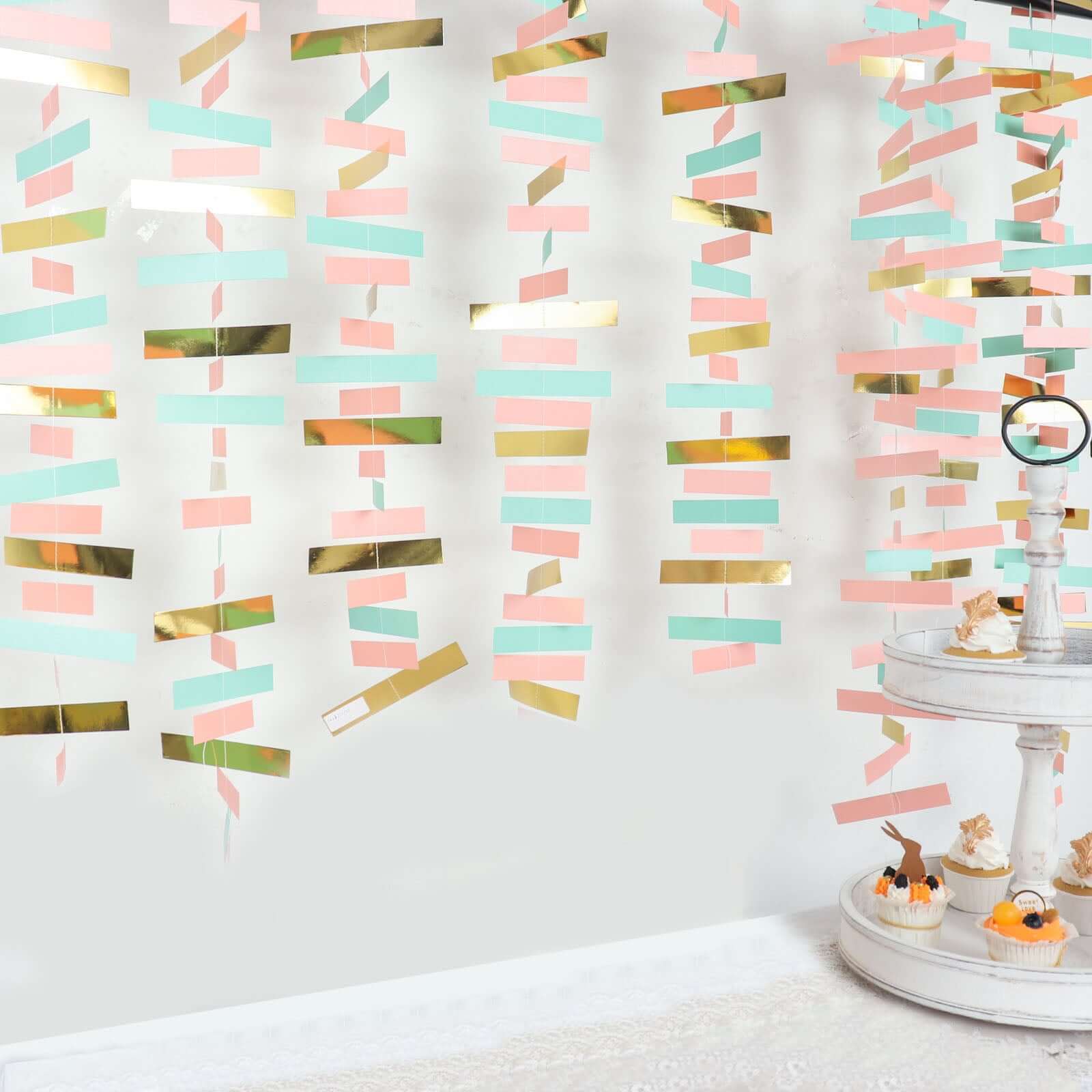 Gold, Blush and Turquoise Confetti - Like Paper Party Garland Streamer, Hanging Backdrop Decoration - 6.5ft - Bell Racket Store