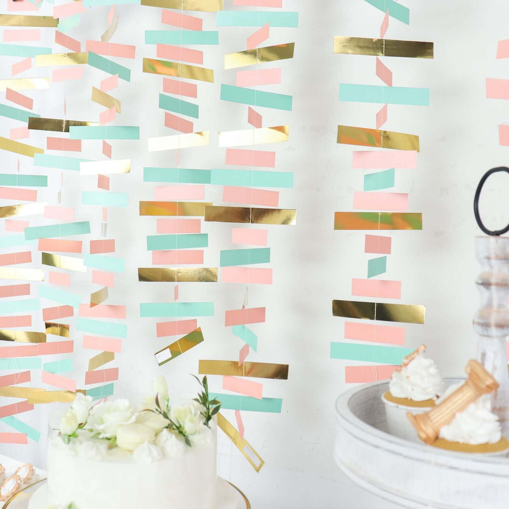 Gold, Blush and Turquoise Confetti - Like Paper Party Garland Streamer, Hanging Backdrop Decoration - 6.5ft - Bell Racket Store