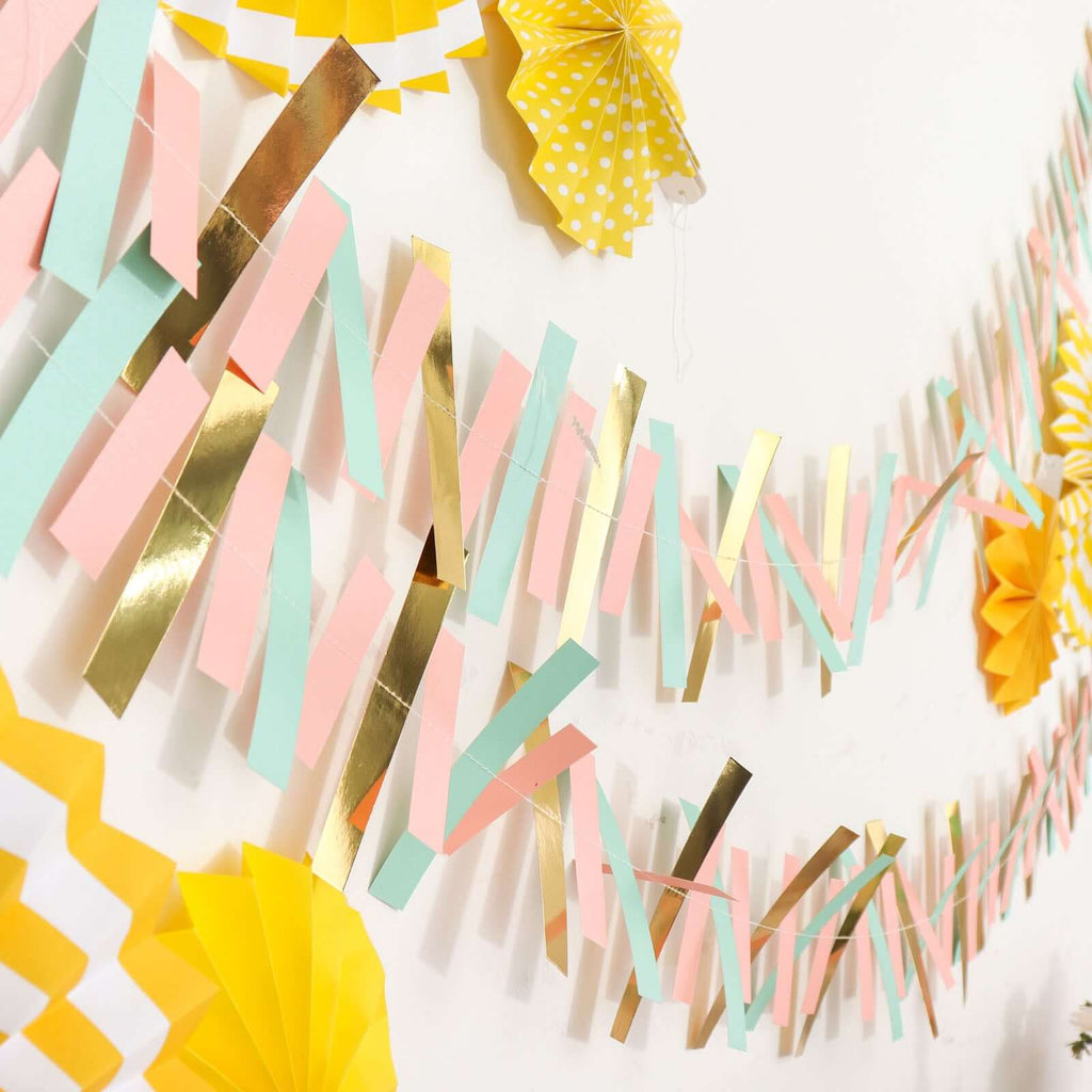 Gold, Blush and Turquoise Confetti - Like Paper Party Garland Streamer, Hanging Backdrop Decoration - 6.5ft - Bell Racket Store