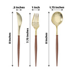 24-Pack Plastic Flatware Set in Metallic Gold with Brown Handle - Heavy Duty Disposable Modern Silverware 8"