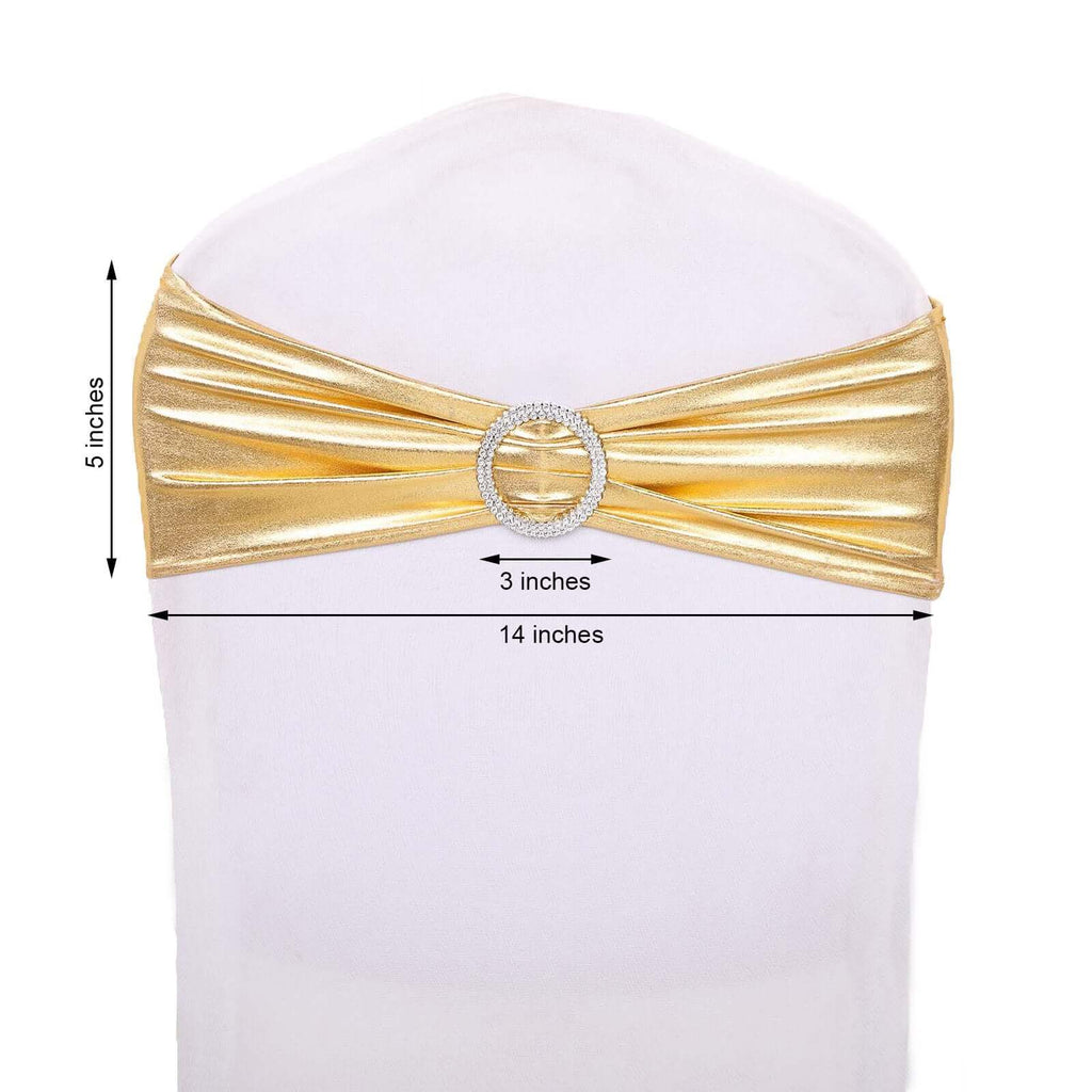 5 Pack Metallic Spandex Chair Sashes Gold - Stretch Fit Chair Bands With Round Diamond Buckles for Glamorous Event Decor