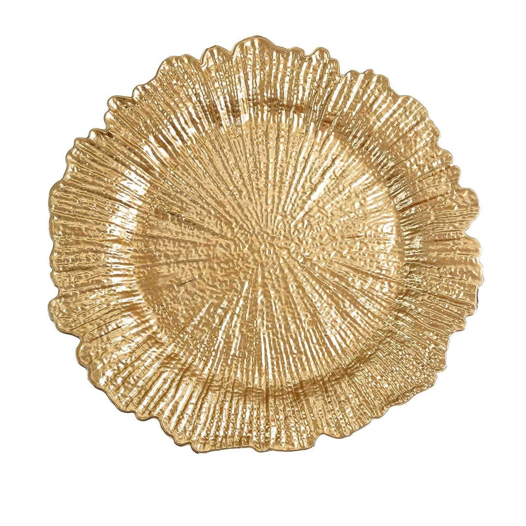 6-Pack Acrylic Plastic Round Charger Plates 13" in Gold with Reef Design, Classy Dinner Party Charger Tableware