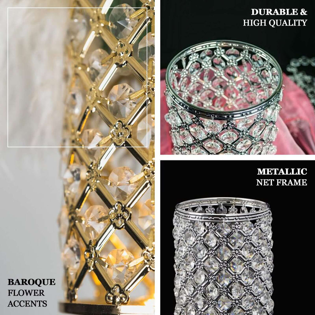 2-Pack Metal Crystal Beaded Pillar Holders Gold - Versatile Stem Vase Set for Decor 9"