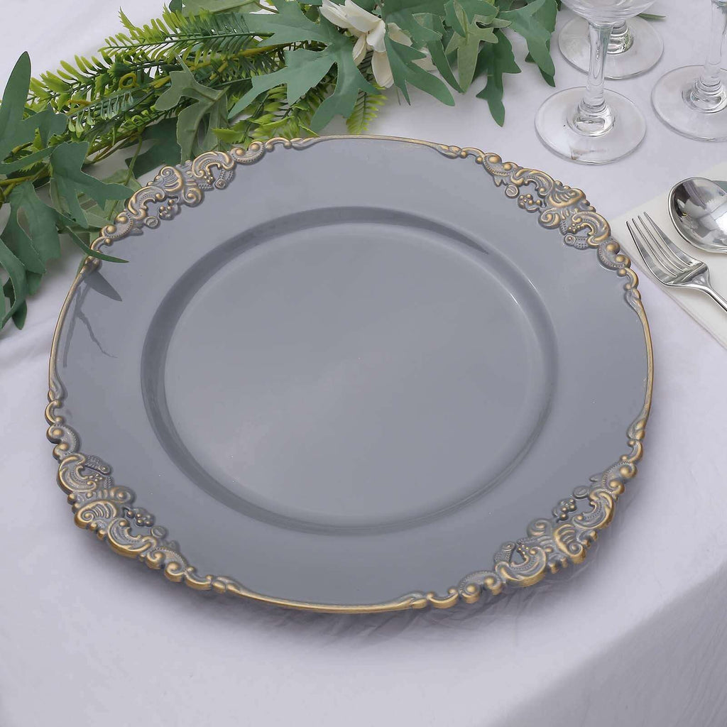 6-Pack Acrylic Round Charger Plates 13" in Charcoal Gray with Gold Embossed Baroque Rim, Antique Decorative Dinner Party Charger Tableware