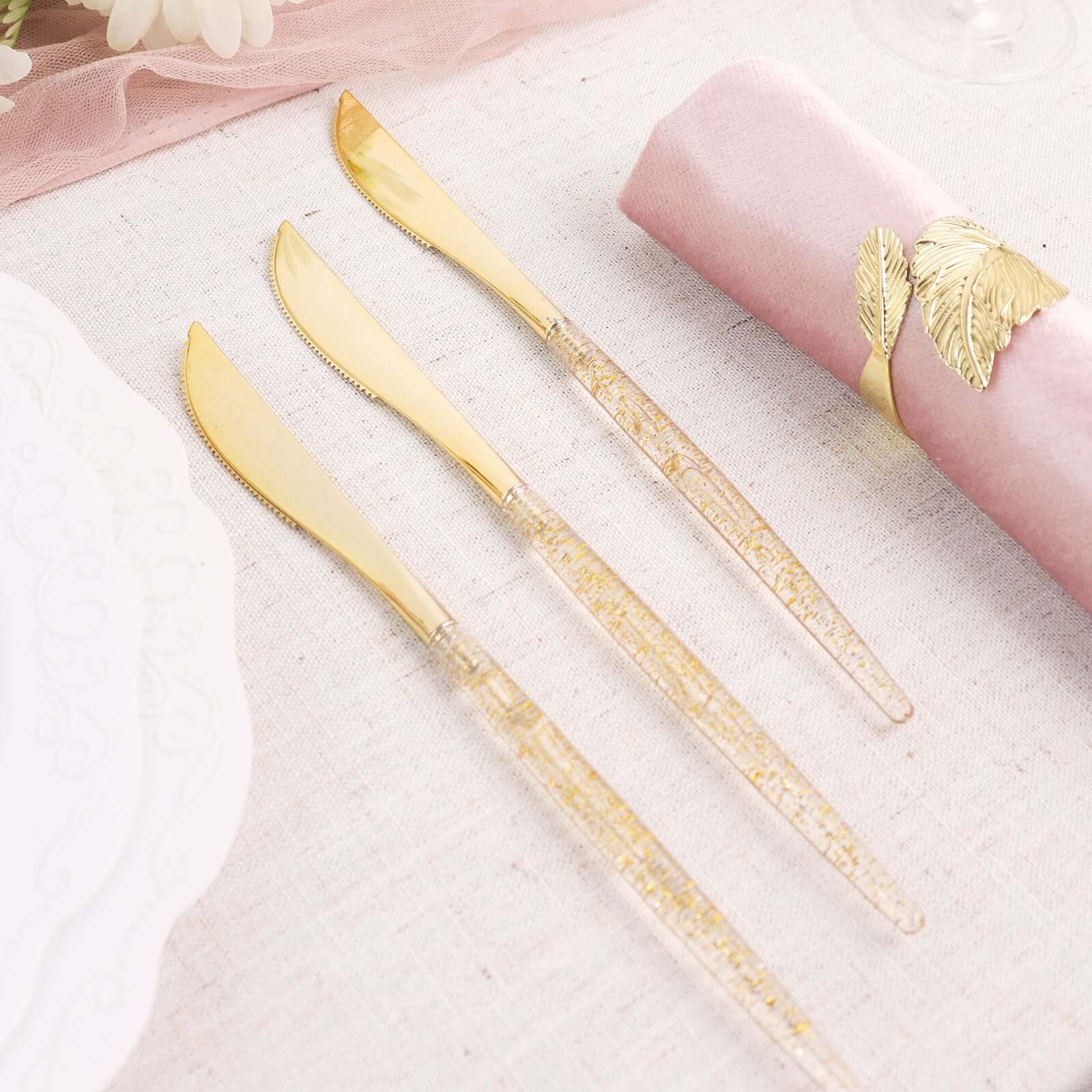 24-Pack Plastic Knives with Gold Glitter - Disposable Silverware Cutlery for Events