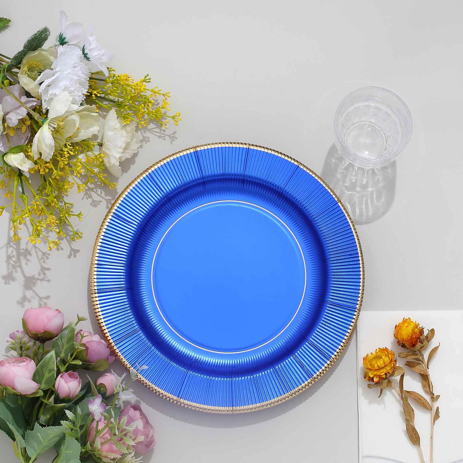 25-Pack Paper 10" Round Dinner Plates in Royal Blue Sunray Design with Gold Rim - Disposable Heavy Duty 350GSM Party Plates