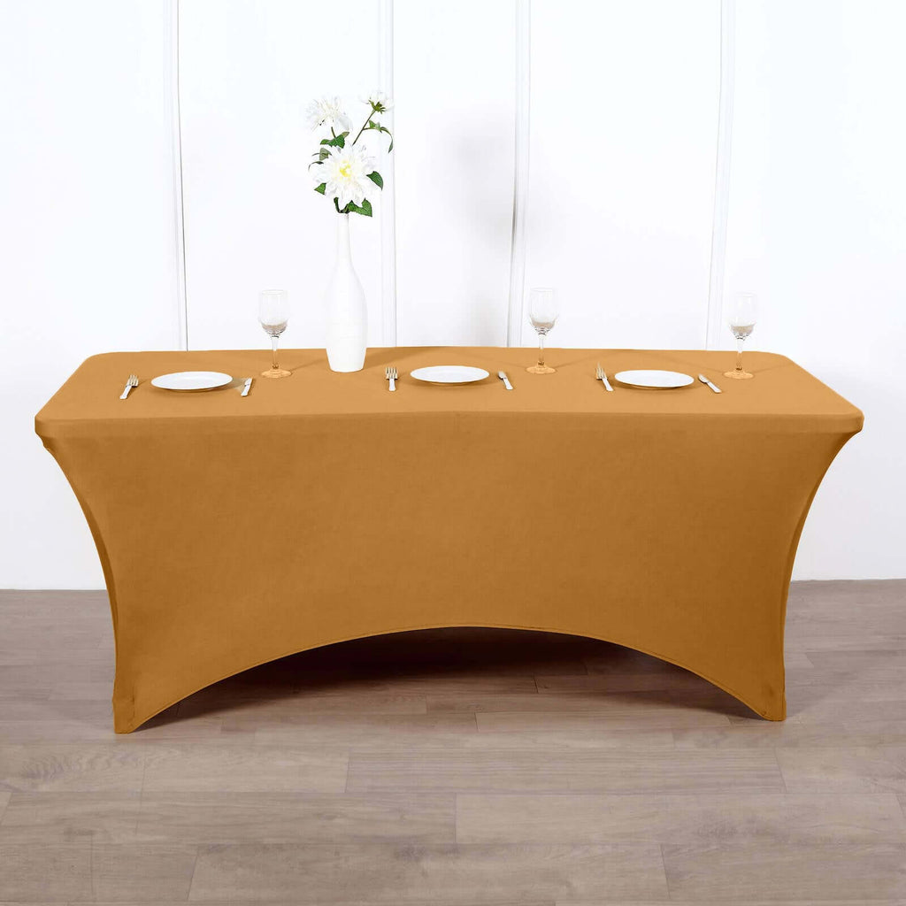 Stretch Spandex 96"x30" Rectangle Table Cover Gold - Durable Form-Fitting Tablecloth for Events & Presentations