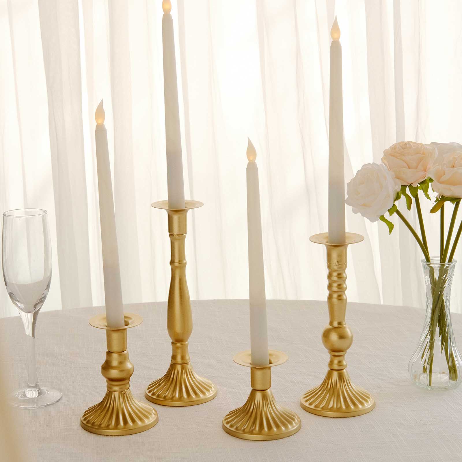 Set of 4 Taper Candle Holders Gold Baroque Metal Vintage Design - Wedding Centerpieces Decorative Stands 3", 5", 8", 9"