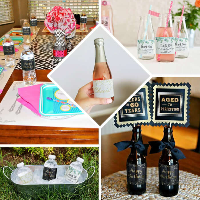 24 Pack Rustic Water Bottle Labels Wood Print with Gold Floral Frame "Thank You" Waterproof Bottle Stickers