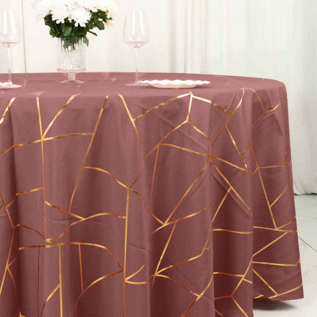 Polyester 120" Round Tablecloth Cinnamon Rose with Gold Foil Geometric Pattern Wrinkle-Resistant Seamless Table Cover
