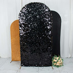 Set of 3 Black Gold Round Top Fitted Wedding Arch Frame Covers, Big Payette Sequin, Shimmer Tinsel and Matte Spandex Backdrop Stand Covers