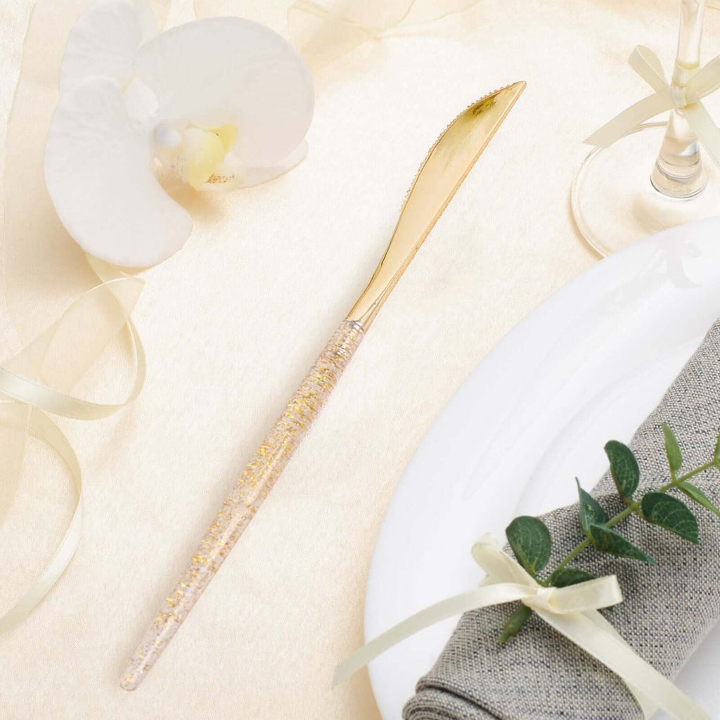 24-Pack Plastic Knives with Gold Glitter - Disposable Silverware Cutlery for Events