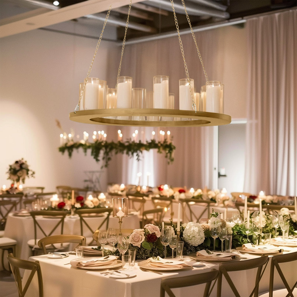 Gold Hanging Metal Floral Chandelier Frame - 24" Circular Lighting, Candle and Floral Display Base - Bell Racket Store