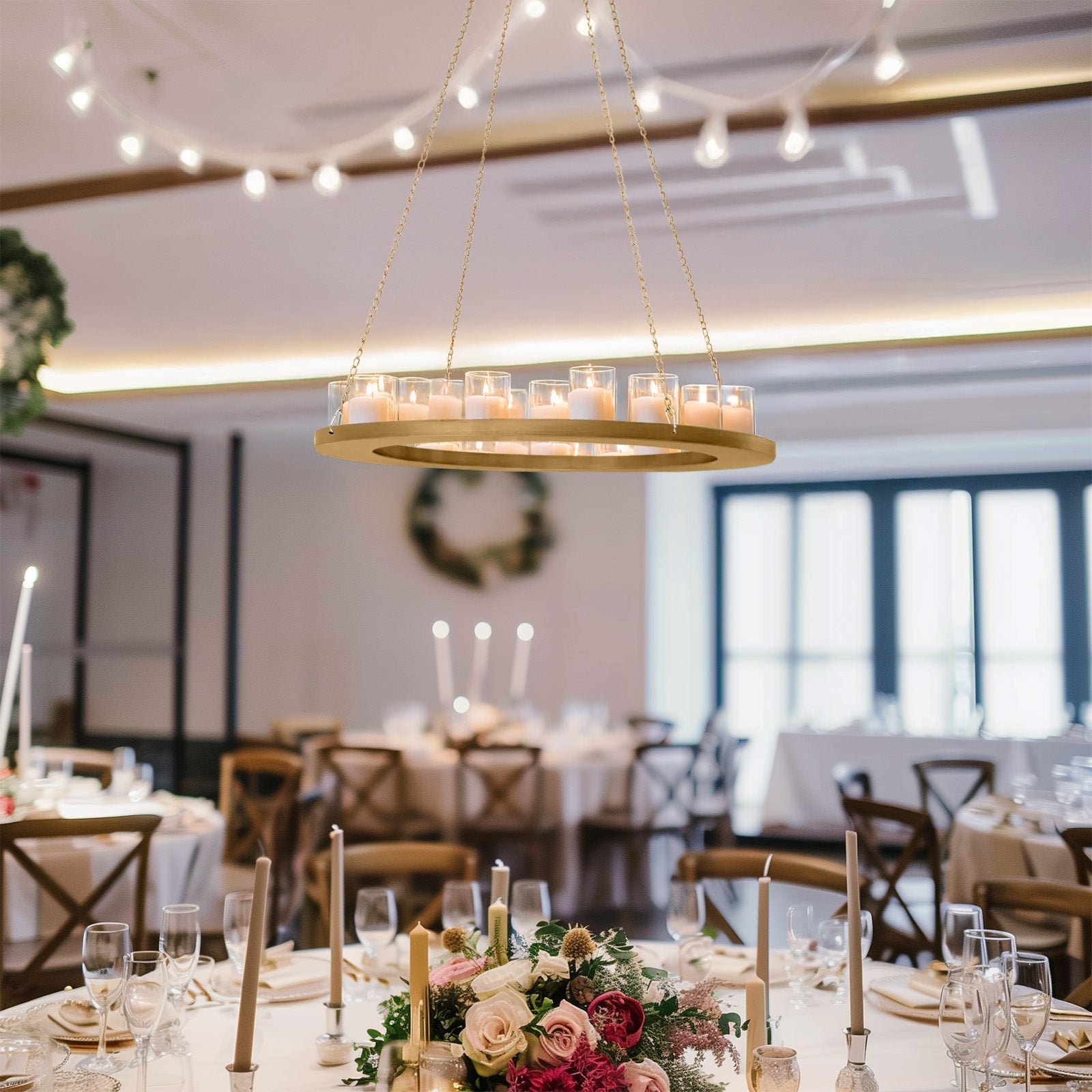 Gold Hanging Metal Floral Chandelier Frame - 24" Circular Lighting, Candle and Floral Display Base - Bell Racket Store